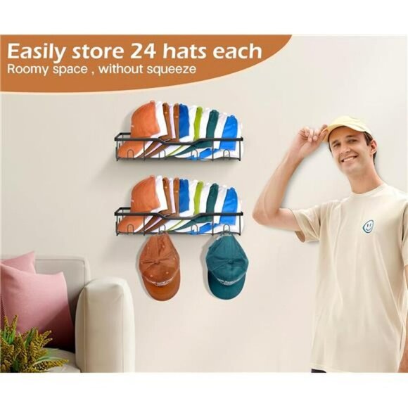 Wall Mounted Metal Hat Rack Organizer Holds 40 Baseball Caps Snapbacks Visors - Picture 3 of 7